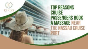 Woman in straw hat looking at a cruise ship, promoting top reasons cruise passengers book a massage near the Nassau Cruise Port – Enigma Massage.