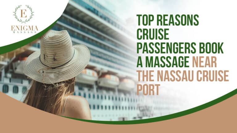 Woman in straw hat looking at a cruise ship, promoting top reasons cruise passengers book a massage near the Nassau Cruise Port – Enigma Massage.