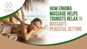 Tourists enjoying a relaxing couples massage at Enigma Massage spa in Nassau, Bahamas surrounded by a calm island atmosphere