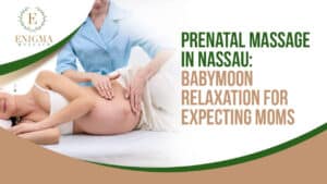Pregnant woman enjoying a relaxing prenatal massage in Nassau during her babymoon.