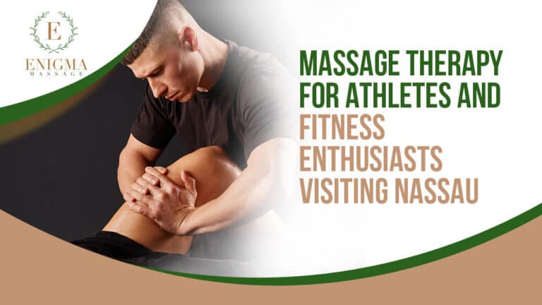 Massage therapist providing deep tissue and sports recovery treatment to an athlete visiting Nassau, Bahamas, focusing on muscle recovery and relaxation.