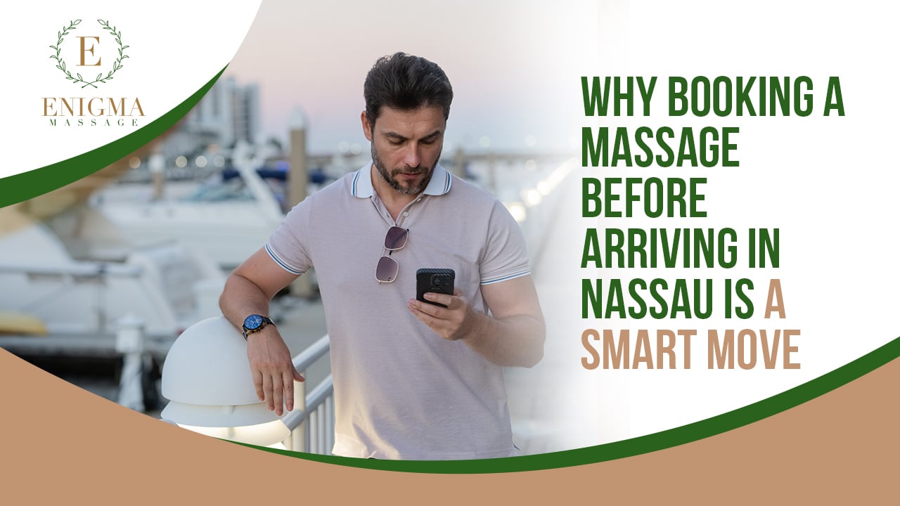 Man booking a professional massage appointment before arriving in Nassau Bahamas